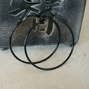 Minimalist Classic Sleek Black Large Hoop Earrings 50mm 2" Leverback